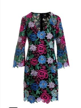 Jewel Tones Floral Lace Shift Dress-  Embroidered Flowers Dress - scalloped  10